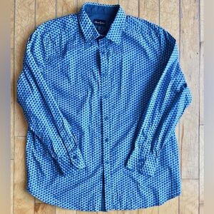 Robert Graham Fitted Blue Geometric Cube Pattern Shirt Size XL